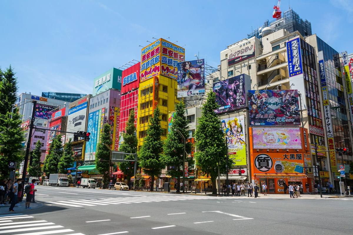 Gatekryss i Akihabara der fasadene på begge sider er dekket av skilt og reklameplakater i gult, rødt og blått med anime-figurer, over en tom fotgjengerovergang