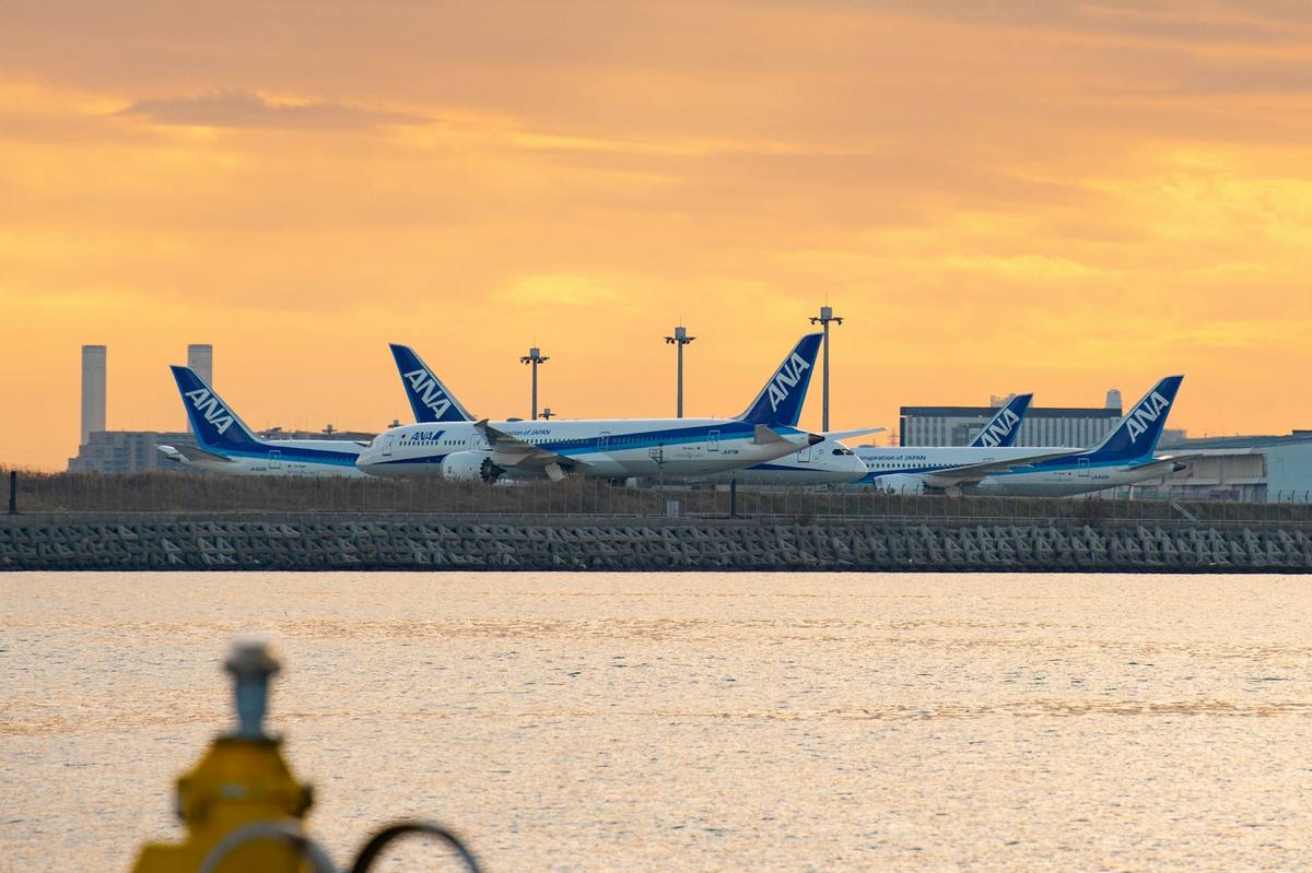 Tre hvite og blå passasjerfly fra et japansk flyselskap står oppstilt på flyplassområdet sett over vannet i oransje solnedgangslys