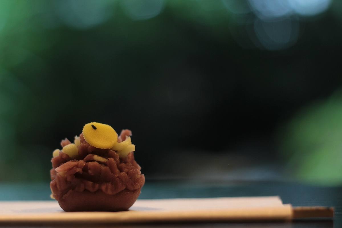 Nærbilde av en japansk konfektkake formet som en kurv med gult topplokk, mot en mørk grønn bakgrunn