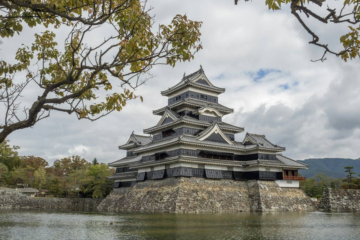 Det svart-hvite borgtårnet på Matsumoto speiler seg i vollgraven, rammet inn av en gren med gulnende høstblader